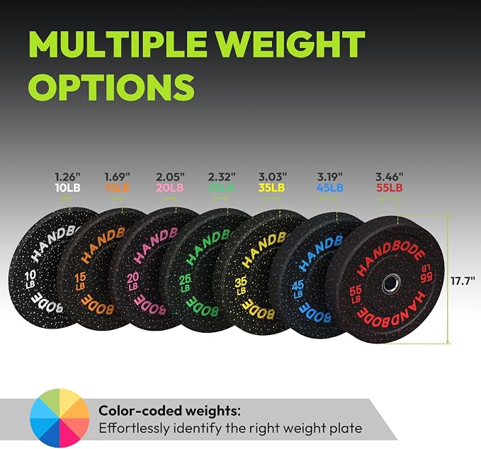 HANDBODE 2-Inch High-Bounce Bumper Plates, Olympic Weight Set, 10-650 lb | Barbell Weight Plates Set for Home Gym, Colored Weights Rubber Strength Training Plate for Weight Lifting