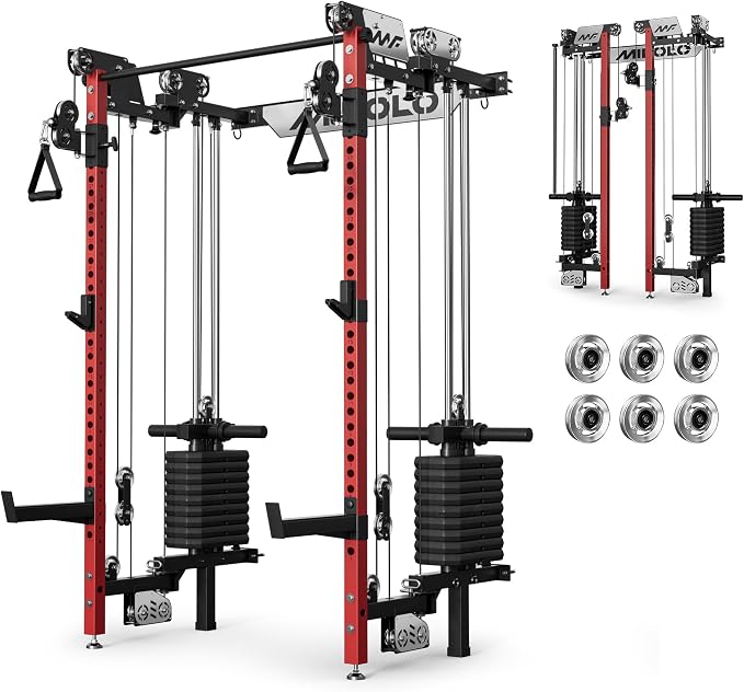 Mikolo Folding Squat Rack, Wall Mounted Power Rack with Cable Crossover Machine & LAT Pull Down, Functional Trainer with 5 Adjustable Function Modes, Home Gym Package