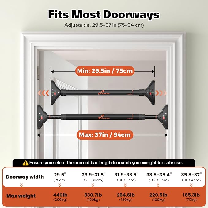 Sportneer Pull Up Bar for Doorway, No-Drill, 29.5-37 in, 440 lb | No-Drill, Adjustable 29.5-37 in, 440 lb, Doorway Fit, Secure Lock, Home Gym, Strength Training