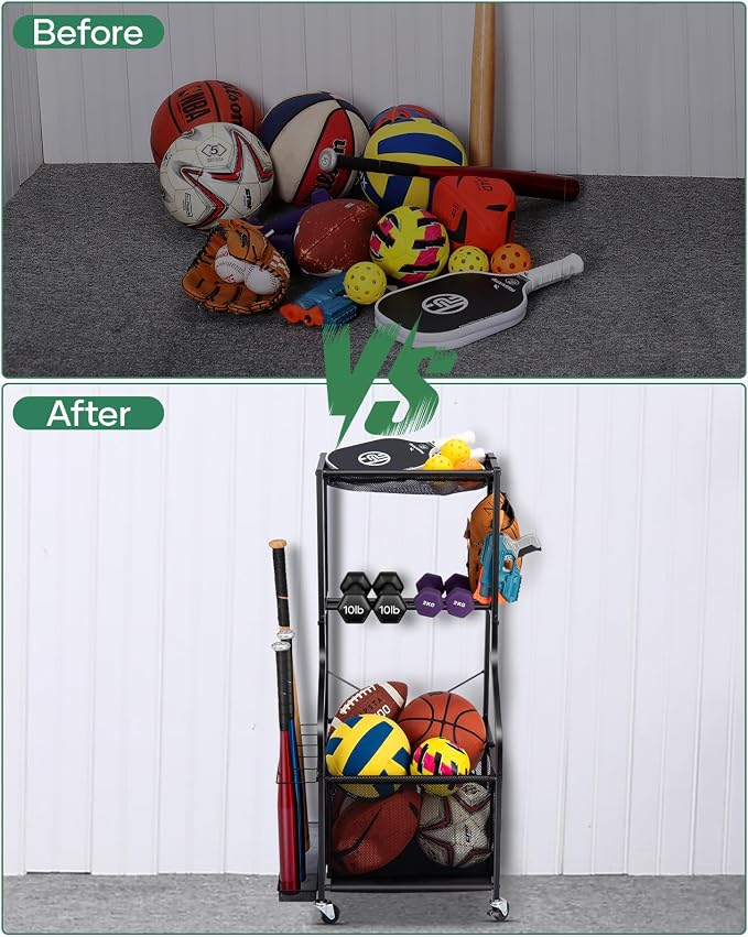 EXTCCT Sports Equipment Garage Organizer - Rolling Ball Storage with wheels, 3-Tier Sports gear Storage Rack Indoor & Outdoor Balls Cart with Hooks for Home, Garage (Black)