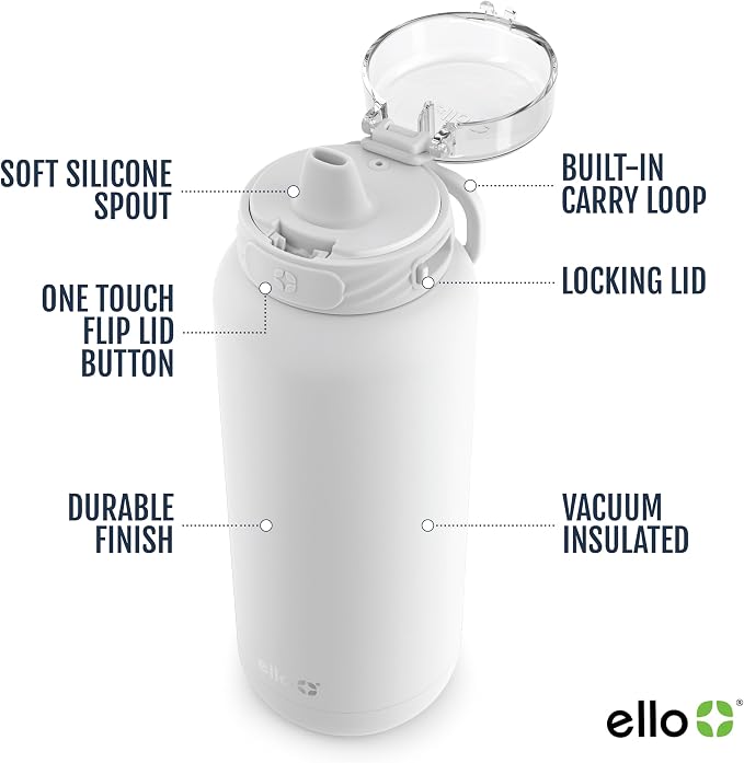 Ello Cooper 32oz Stainless Steel Water Bottle with Straw and Carry Handle, Double Walled and Vacuum Insulated Metal, Leak Proof Locking Lid with Soft Silicone Spout, Reusable, BPA Free, White