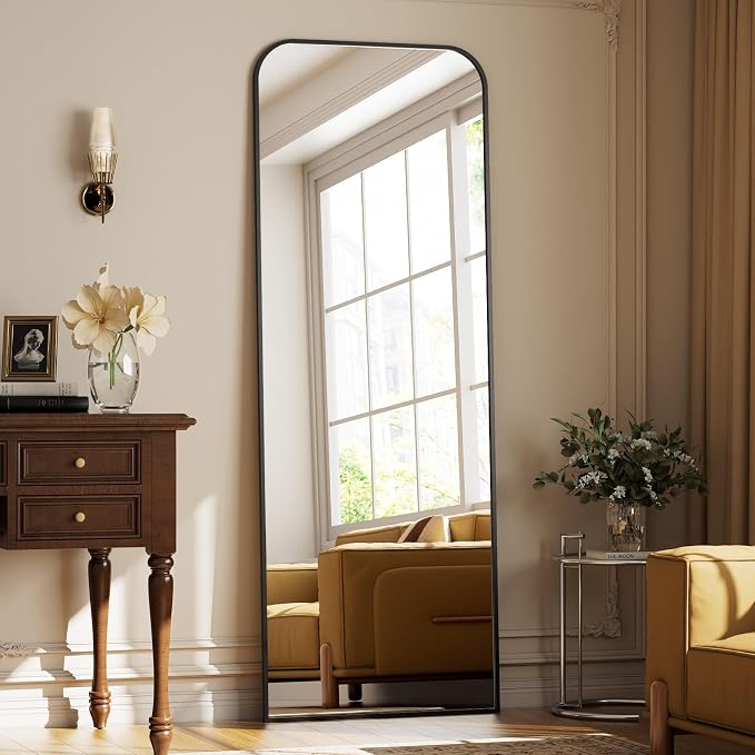 Full Length Mirror 64"x21" Arched Floor Standing Large Mirrors | Full Body Mirror with Stand - with Aluminum Frame for Bedroom Living Room, Black