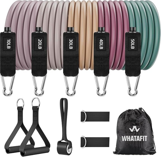 WHATAFIT Resistance Bands with Handles, 5-Level Exercise Bands for Workout | Natural latex,10-50 lbs, stackable to 150,Ankle Straps, Door Anchor,Guide. For Strength, Yoga,Home Gym,Travel & Workout.