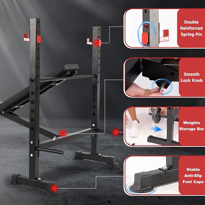 MAIDOMA 1500LBS Foldable 8 IN 1 Weight Bench with Upgraded Leg Extension | Adjustable Flat Incline Decline Bench Press Set with Wide Squat Rack for Full Body Home Gym Workout (US Stock)