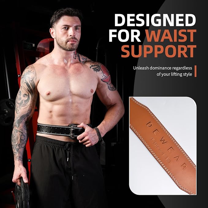 Genuine Leather Weight Lifting Belt, 4”& 6” Padded Lumbar Back Support, 10 Adjustable Holes, Gym Weight Belt Ideal for Deadlift, Powerlifting, Bodybuilding and Squat