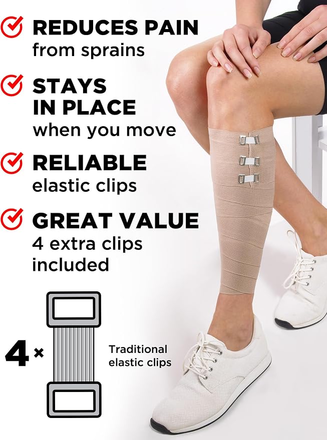 Premium Elastic Bandage Wrap - Extra Long - 2pk - 4" x 9ft + 4 Extra Clips | Strong Compression Bandage Wrap for Leg, Arm, Wrists, Elbow, Ankles, Feet and Knees - for First Aid Kit and After Surgery