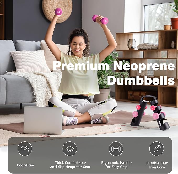 LIONSCOOL Set of 2 Neoprene Coated Dumbbell Hand Weights, Anti-Slip and Anti-Roll Hex Dumbbells in Pair for Strength Training, Resistance Training