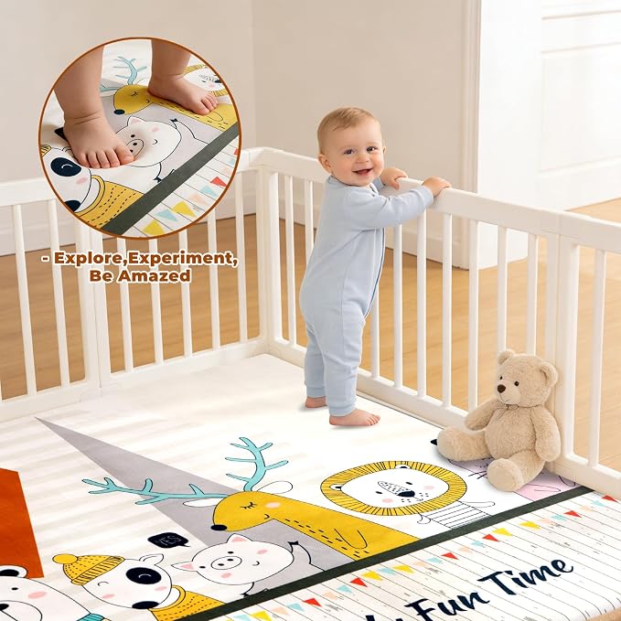 RONGFA Baby Play Mat for Floor, 71'' x 59'' Thicken Foam Padded Playmat for Tummy Time, Playpen Mat for Toddlers Infant Kids, Water-Repellent Coral Velvet, Non-Slip Bottom Safe for Crawling (Animal)