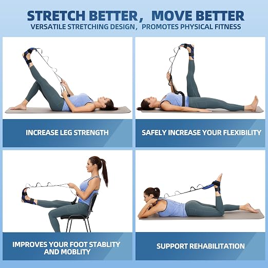 comness Foot and Calf Stretcher-Stretching Strap For Plantar Fasciitis, Heel Spurs, Foot Drop, Achilles Tendonitis & Hamstring. Yoga Foot & Leg Stretch Strap. (Blue)