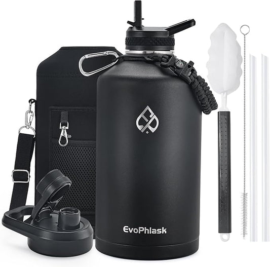 1 Gallon Water Bottle Insulated with Carrier Bag, Black | Stainless Steel, Vacuum Insulated Keep Cold 48 Hrs, 128 oz Large Gallon Water Jug, For Travel, Sport, Gym, Hiking