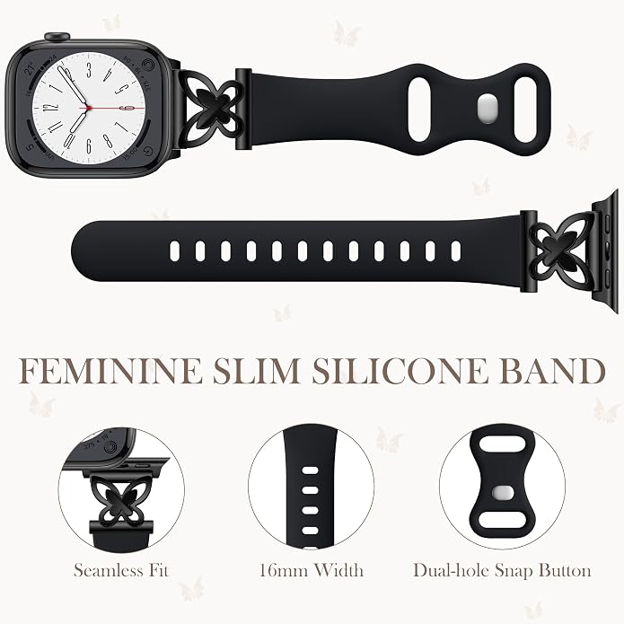 Lerobo Slim Silicone Band Compatible with Apple Watch Bands for Women | Dressy Metal Butterfly 16mm Thin Strap for iWatch Series 11 10 9 8 7 6 5 4 SE Ultra 38mm 40mm 41mm 42mm 44mm 45mm 46mm 49mm