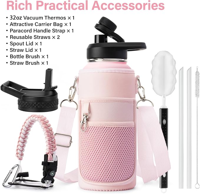 DYSANKY Insulated Water Bottle | Thickened Stainless Steel Vacuum Metal | Portable Sports Water Jug for Gym and Hiking with Straw, Carrier Bag, Handle Strap | BPA-Free 32 oz, Pink
