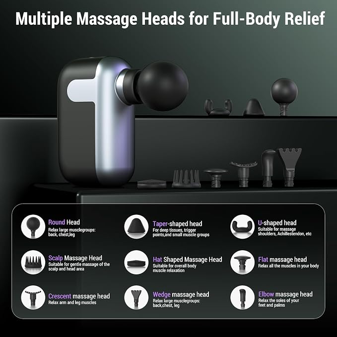 Mini Massage Gun with 10 Massage Heads, Percussion Deep Tissues Handheld Muscle Massager, 8mm Amplitude High-Intensity Massager Gun for Pain Relief for Office Gifts for Her, Home, Athletes