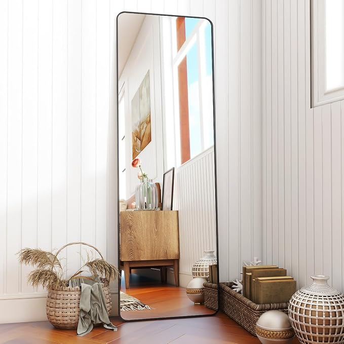 BEAUTYPEAK 59" x 16" Rounded Corner Full Length Mirror with Stand, Black | Aluminum Alloy Frame with Standing, Leaning, or Wall-Mounted, Ideal for Bedroom, Dressing Room, Entryway, and Living Room
