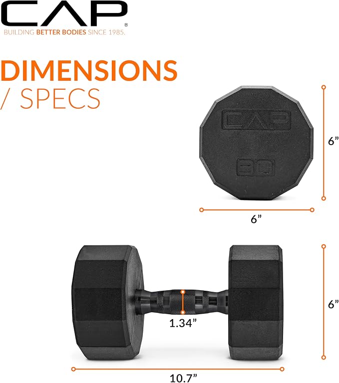 CAP Rubber Coated Dumbbell Weights, Free Weights for Home Gym Strength Training, Anti-Roll Hex Dumbbells with Black, Chrome & Comfort Grip Handles, Pairs & Sets