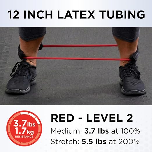 THERABAND Resistance Tubes with Padded Cuffs, 12", Red, Medium, Level 2 | Durable, rubber. For home, travel, gym. Elastic, fitness, strength, training.