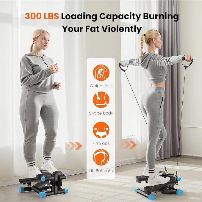 Sweetcrispy Mini Stair Stepper with Resistance Bands, Hydraulic Home Stepper Machine, 300 LBS Weight Capacity, Compact Cardio Equipment with LCD Monitor, No Assembly Required