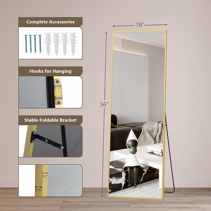 Mirrorons 56"x18" Full Length Mirror, Floor Standing or Wall Mounted with Hanging Kit, Shatterproof Tempered Glass Mirror for Living Room, Bedroom, Dressing Room, Gym (Gold)