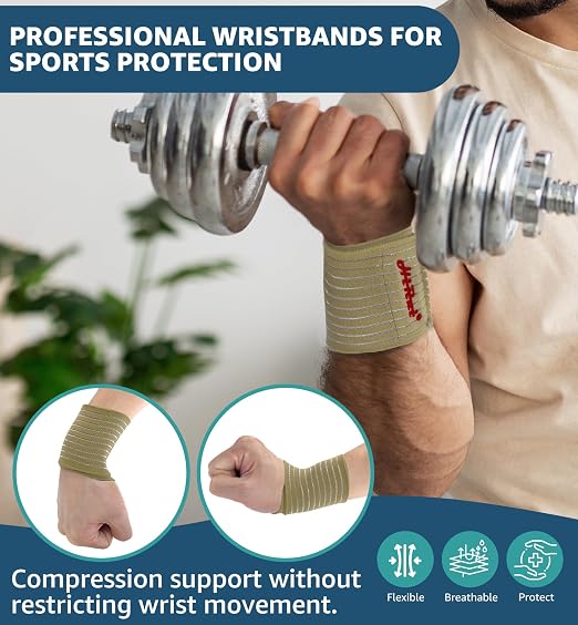 HiRui 2-Pack High-Elastic Wrist Support Straps Wrist Compression Bandage - Wrist Wraps Wristbands for Carpal Tunnel Arthritis Tendonitis Weightlifting Tennis Basketball - Breathable Soft (Beige)