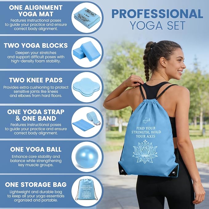 Foldable Yoga Mat and Blocks Set for Women with 2 Pack Yoga Blocks and Strap,Thin Non Slip Pilates Mat with Bag, Home Workout Equipment Essentials Starter Kit for Beginners Full Body Toning