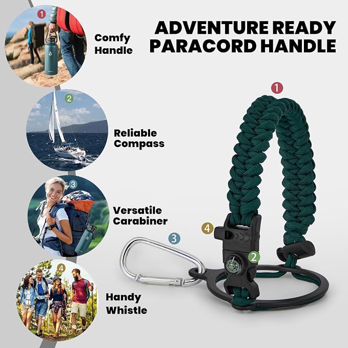 RAYMYLO Insulated Water Bottle 87 oz, Triple Wall Vacuum Stainless Steel | Cold for 48 Hrs), Leak Proof & Non-BPA, Modern Water Flask Jug with Paracord Handle & Straw Spout Lids, Dark Green