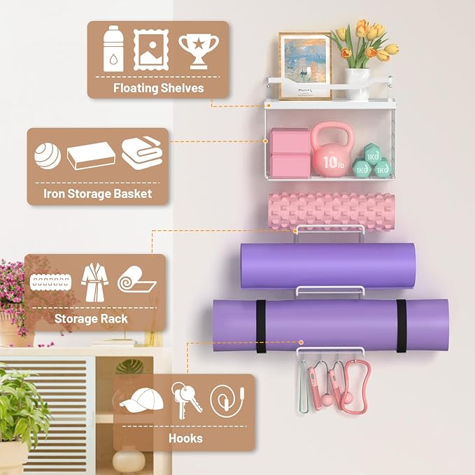 LIDTOP Yoga Mat Holder White, Wall Mount Yoga Accessory Mats Storage Rack, Home Gym Accessories Organizer Storage with Wood Floating Shelves, 4 Hooks Hanging Yoga Strap & Resistance Bands