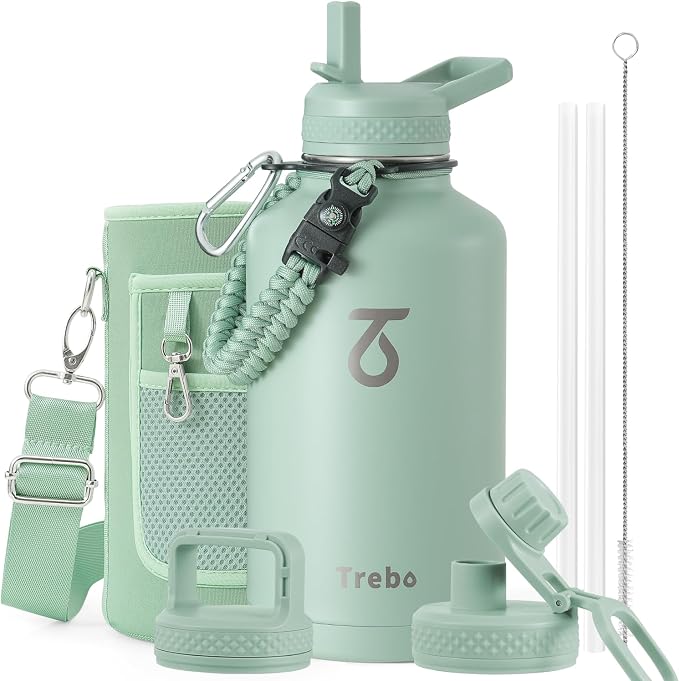 Trebo 64 oz Water Bottle Stainless Steel with 3 Lids, Paracord Handle & Bag | Half Gallon Large Insulated Jug, Triple Wall Vacuum Copper Plated, Dishwasher Safe, Cold 48Hrs for Outdoor, Hiking, Gym