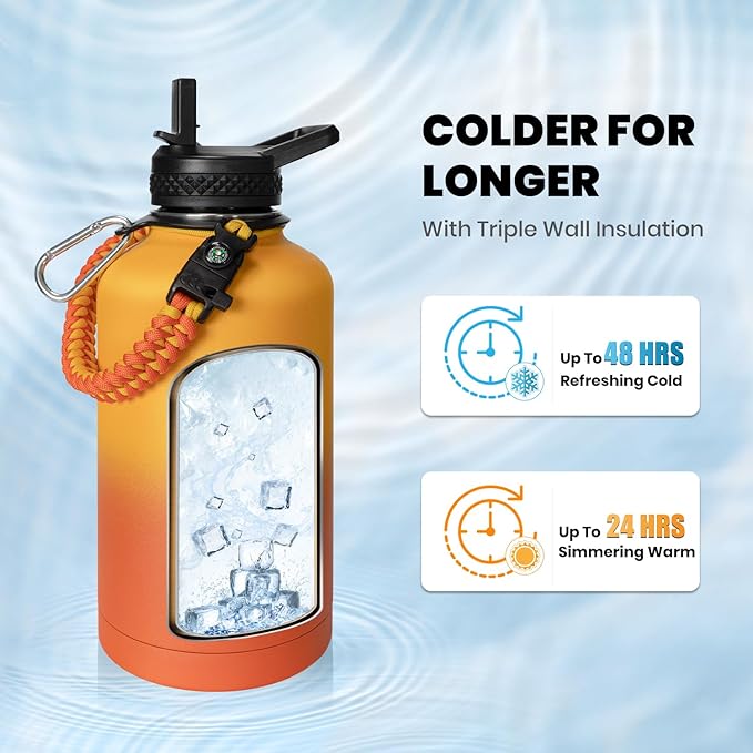 RAYMYLO Insulated Water Bottle 64 oz, Triple Wall Vacuum Stainless Steel (Cold for 48 Hrs), Leak Proof & Non-BPA, Half Gallon Water Flask Jug with Paracord Handle & Straw Spout Lids, Ombre Orange | (Cold for 48 Hrs), Leak Proof & Non-BPA, Half Gallon W...