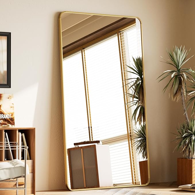 BEAUTYPEAK 71" x 32" Rounded Corner Full Length Mirror with Stand, Gold | Aluminum Alloy Frame with Standing, Leaning, or Wall-Mounted, Ideal for Bedroom, Dressing Room, Entryway, and Living Room