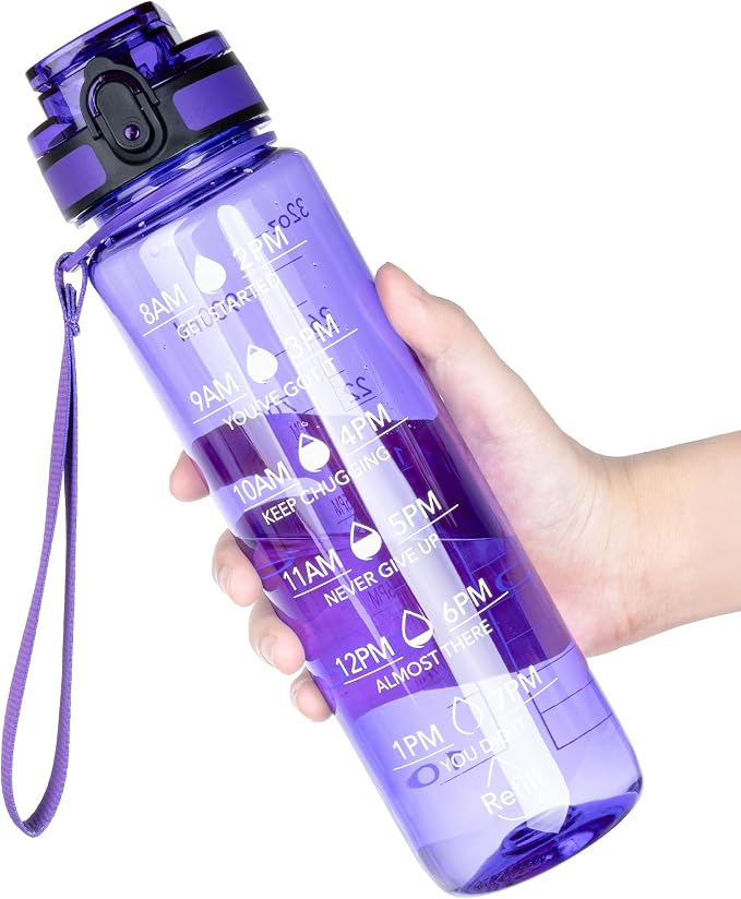 OLDLEY Water Bottle, 32oz Motivational Sports Water Bottle with Time Marker - Times to Drink - Tritan, BPA Free, Wide Mouth Leakproof,Deep Purple