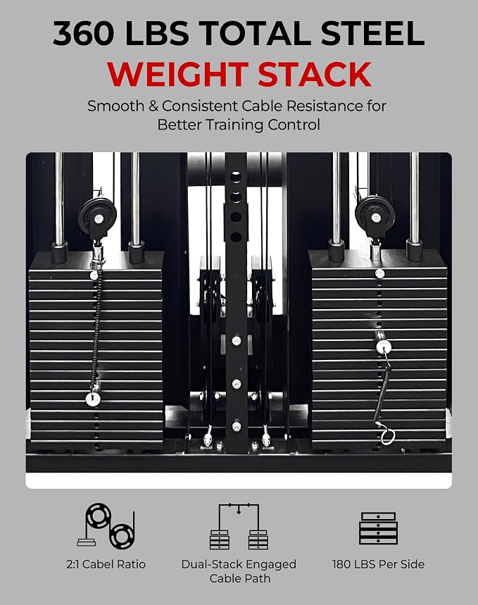 Mikolo Smith Machine with Weight Stack, Power Cage Home Gym System with LAT Pulldown & Cable Crossover, Multi-Functional Trainer with Dual Pulley System, Includes 10+ Free Attachments