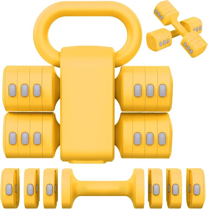 Hezeyferg Adjustable Dumbbell Set, 2-in-1 Hand Weights with Kettlebell Form | 4-Level 2.2-5.5lb Each, Dual-Button Locking, for Women Men Beginners Home Gym, Portable & Space-Efficient, Full Body Workout