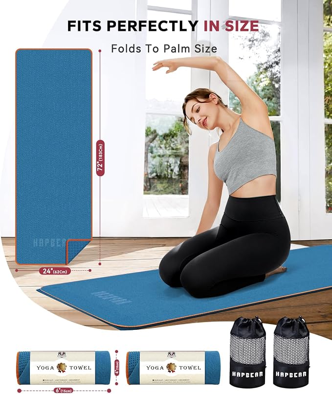 HAPBEAR 2 Pack Non Slip Yoga Mat Towel with Grip Dots, 72" x 24" Hot Yoga Towel - Super Absorbent Microfiber Yoga Towel for Hot Yoga, Bikram, Pilates and Gym Workout - Blue