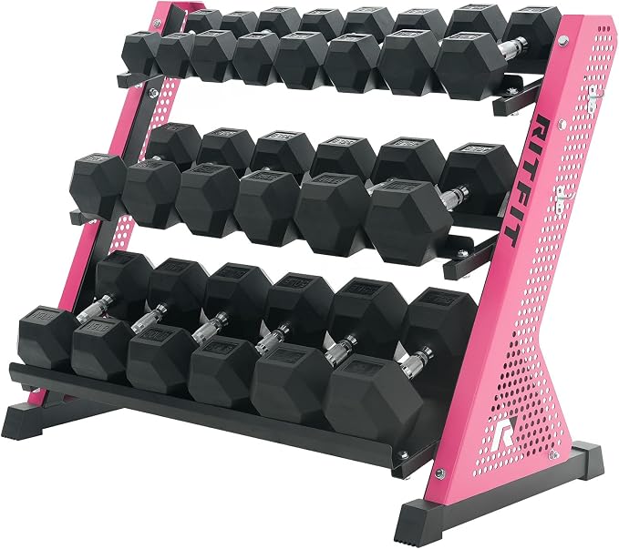RitFit Rubber Hex Dumbbell Weight Set with 3-Tier Dumbbell Rack | Anti-Slip Knurled Chrome Handle,Cast Iron,Hexagon Anti-Roll Design,1000LB Capacity Heavy Duty Steel Rack for Home Gym