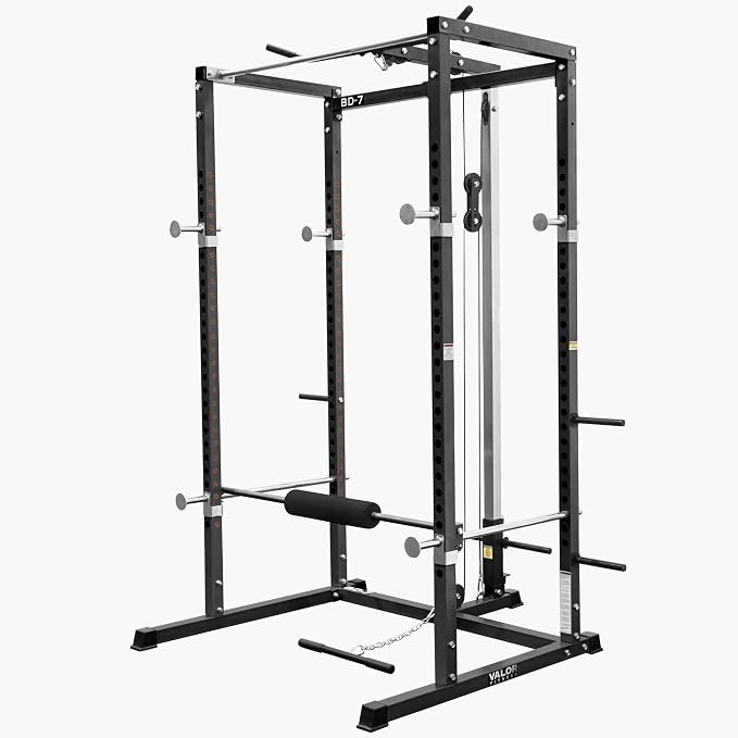 Valor Fitness Power Rack - Squat Rack and Bench Press Power Cage with LAT Pulldown Attachment 2" x 2" Frame - Workout Rack Bundle Options for Complete Weightlifting Home Gym