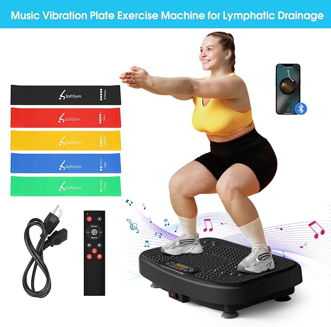 SoftGym Vibration Plate Exercise Machine for Lymphatic Drainage & Fitness | Quiet Heavy Duty 450lbs Capacity Platform, 120 Speeds Shake Machine with Resistance Bands for Home Muscle Activation