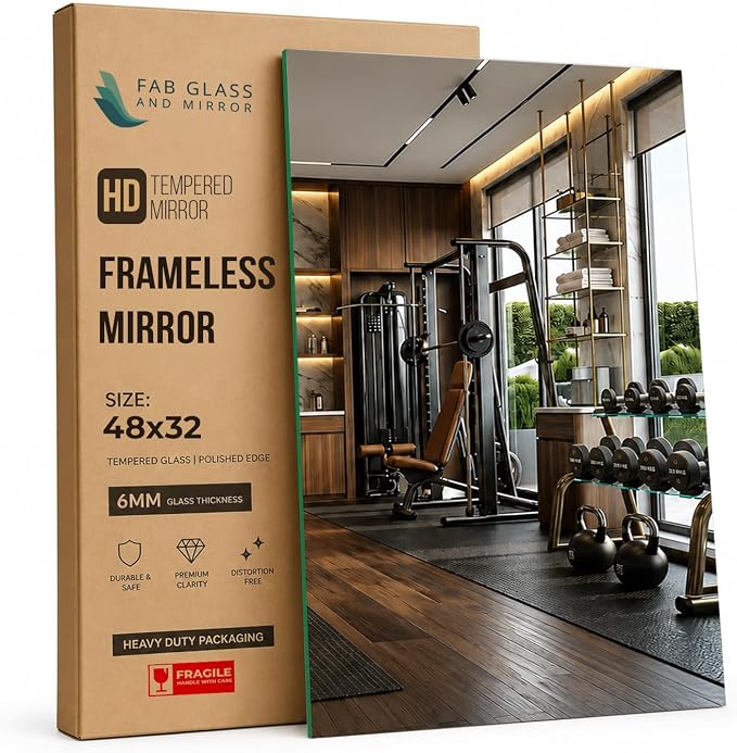 Fab Glass and Mirror Large Gym Mirror for Home Gym 48x32 - Full Length HD Tempered Glass Wall Panel - Professional Workout Display with Safety Backing - 1/4 Inch Commercial Grade | Workout Mirror with Safety Backing Ideal for Home Gyms, Fitness Centers...