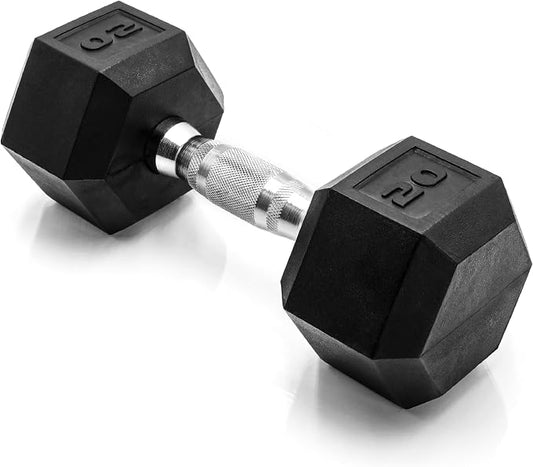 CAP Rubber Coated Dumbbell Weights, Free Weights for Home Gym Strength Training, Anti-Roll Hex Dumbbells with Black, Chrome & Comfort Grip Handles, Singles