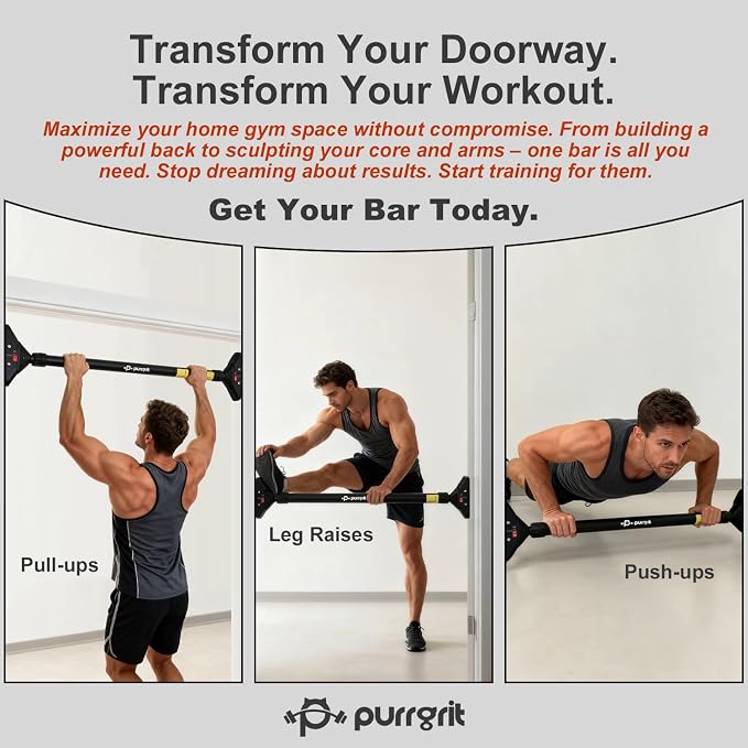 Adjustable Doorway Pull Up Bar No-Screw 440lbs | Fits 29.1-37.4in (74-95cm) door frames with 360° lock & foam pads + 2 spare pads. Home chin-up