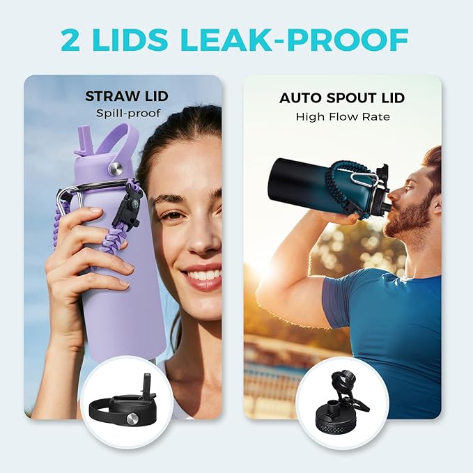 32oz/40oz/64oz Insulated Water Bottles - with Straw & Flip Auto Lid, Stainless Steel Water Bottle Shoulder Carrier Bag, Silicone Boot, BPA-Free Metal Water Bottle with Handle Paracord