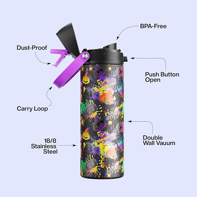 Insulated Water Bottle with Straw - Encool Stainless Steel Water Bottle with Push Button Lid, Leak-Proof & BPA-Free, Keeps Cold for 24 Hours for Sports, Travel, Gym (24 oz, Ghost Party)