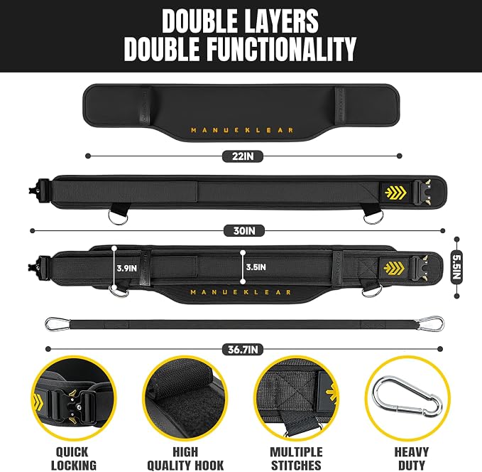 MANUEKLEAR 2-in-1 Weightlifting Belt & Dip Belt with 36.7 IN Rope, Double-Layer Weight Lifting Belts, Powerlifting Gym Weighted Belt for Pull Up Squat