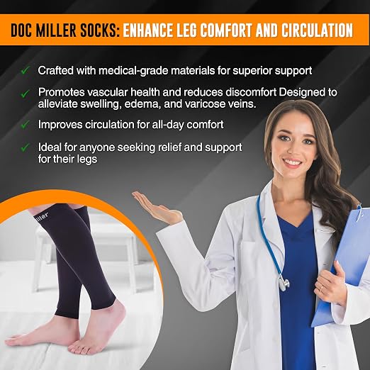 Doc Miller Calf Compression Sleeves 30-40 mmHg for Men & Women, 1 Pair | Knee High, Medical Grade, Footless Compression Socks, Shin Splints, Leg Swelling, Varicose Veins, Wide Calf, Nurses, Recovery