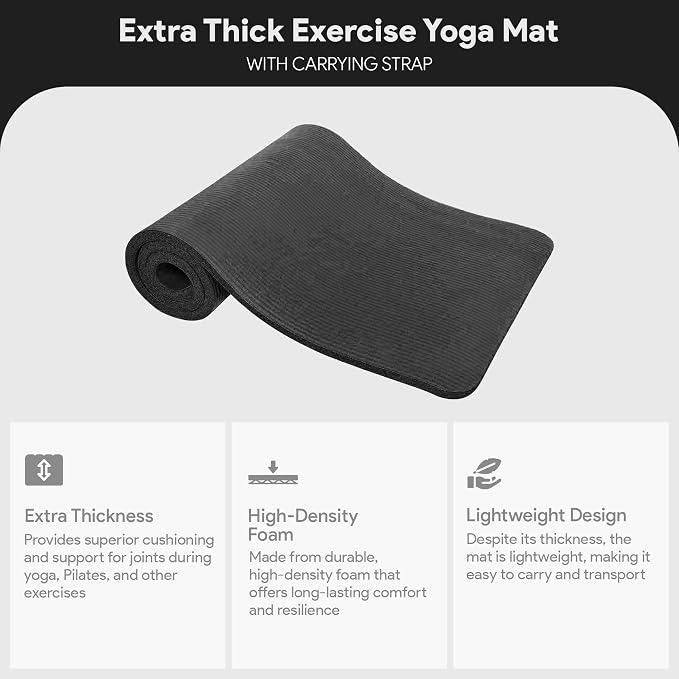 BalanceFrom Yoga Mat, 1-Inch Extra Thick High Density Exercise Mat, Anti-Tear Exercise Yoga Mat with Carrying Strap, Suitable for Various Yoga Exercises, Multiple Colors