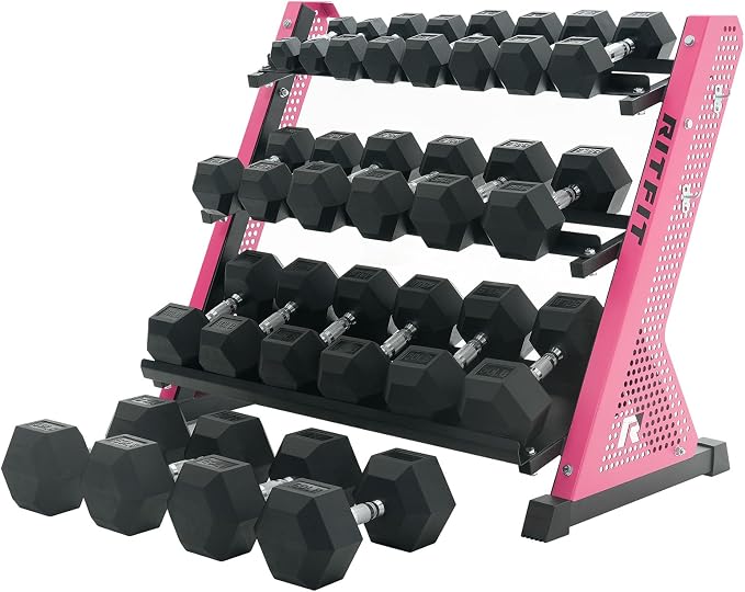 RitFit Rubber Hex Dumbbell Weight Set with 3-Tier Dumbbell Rack | Anti-Slip Knurled Chrome Handle,Cast Iron,Hexagon Anti-Roll Design,1000LB Capacity Heavy Duty Steel Rack for Home Gym
