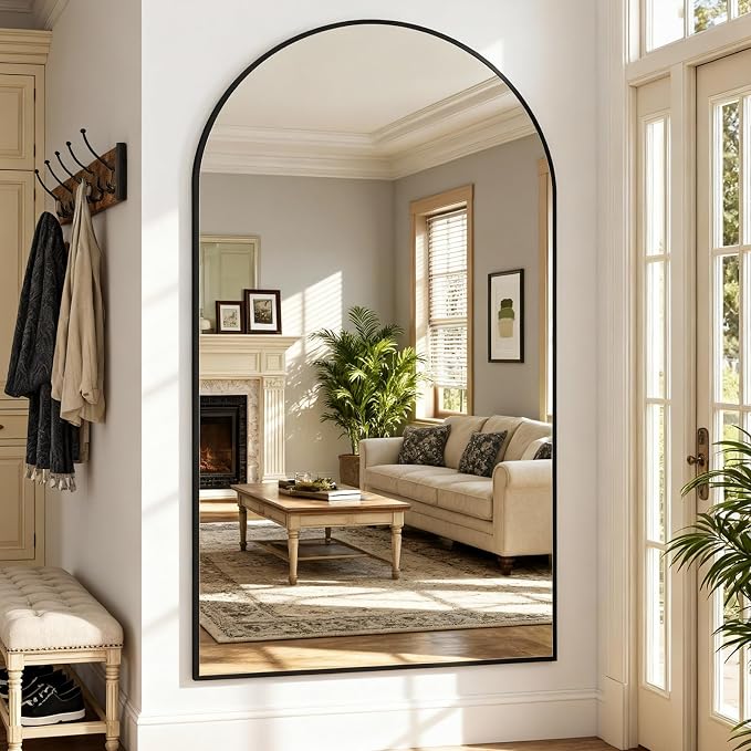 Full Length Mirror 88" L x 44" Full Body Standing Mirror for Bedroom, Living Room, Gym, Dorm - Shatter-Resistant & Easy Assembly, Arched Style Black