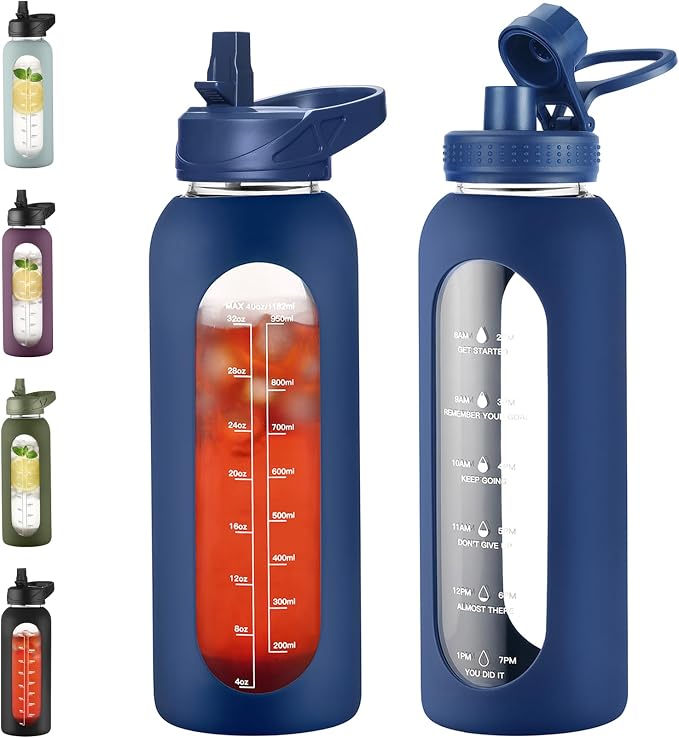 EALGRO 40 oz Glass Water Bottle with Straw, Large Sports Water Jug | Motivational Water Bottle with Time Marker and Silicone Sleeve, Flask Cup with Handle for Travel, Gym, Hiking, School, Navy