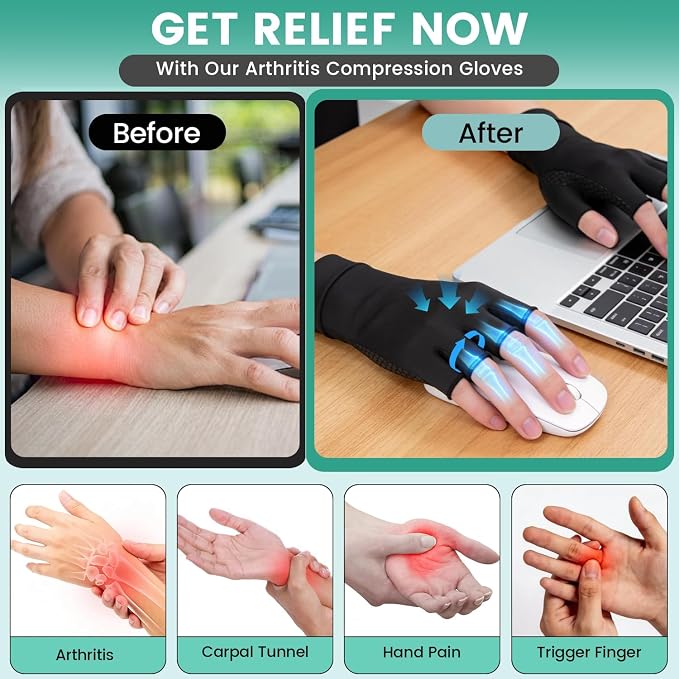 Arthritis Compression Gloves for Men & Women, Carpal Tunnel Pain Relief | Wrist Thumb Support, Fingerless, Breathable Lycra, Non-Slip for Tendonitis, Pain & Swelling Relief - 1 Pair
