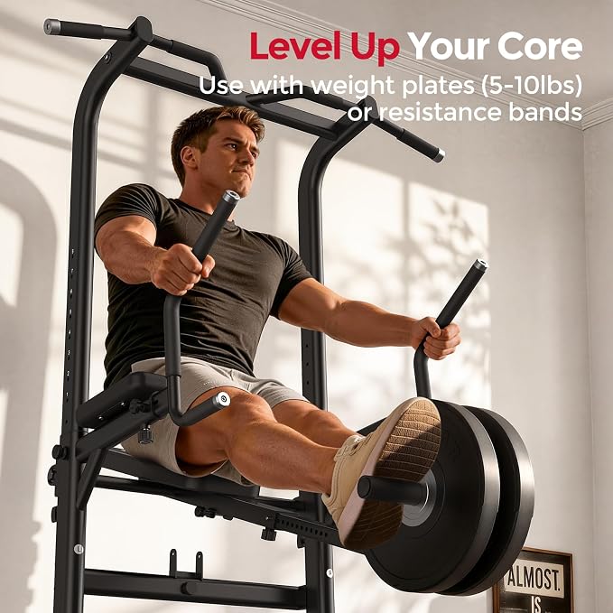 Heavy Duty Power Tower, Light Commercial Grade Steel Frame, 800 LBS Weight Capacity, Multi-Function Pull Up Bar & Dip Station with Crunch Leg Raise, Home Gym Gear for Back and Core Workout