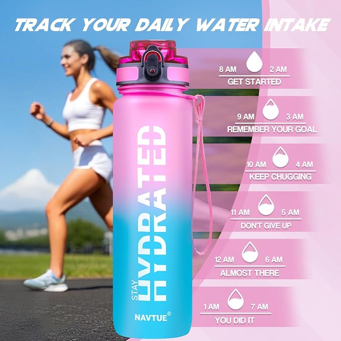 Water Bottle 32 oz Motivational Time Marker Tritan Bottle | BPA-free Tritan water bottle with time marker leakproof Lightweight portable Easy Clean Brush for Gym, Travel, School, Office